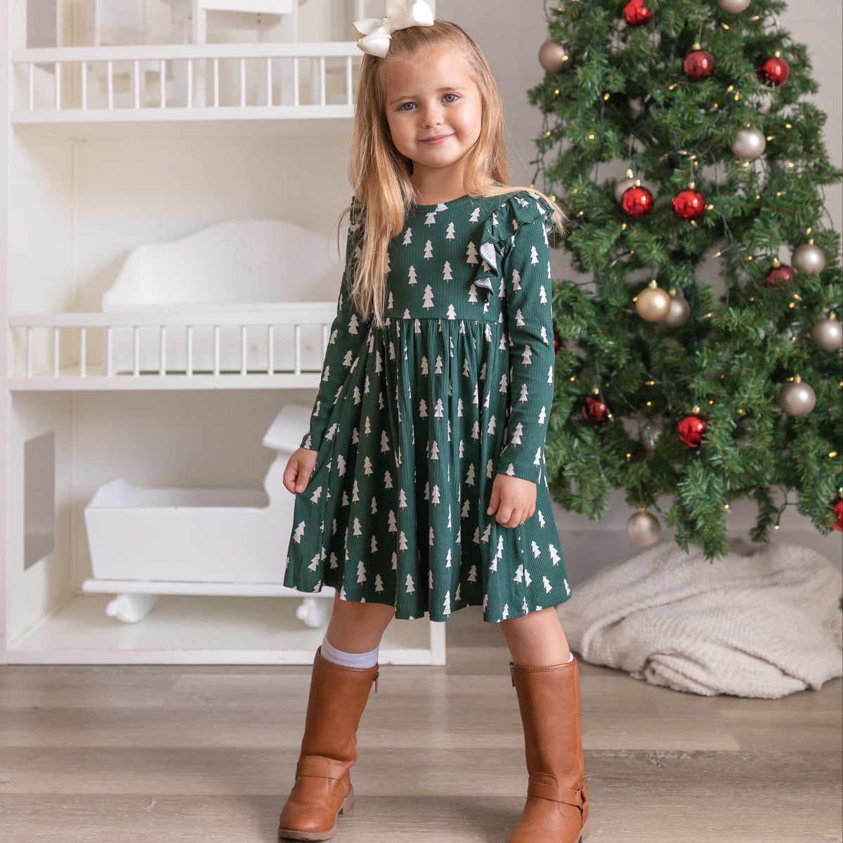 Christmas Trees Small Ribbed Ruffle Long Sleeve Dress
