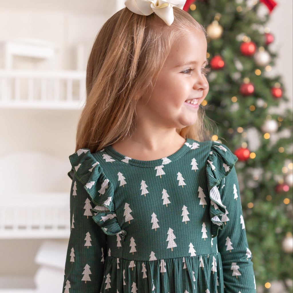 Christmas Trees Small Ribbed Ruffle Long Sleeve Dress