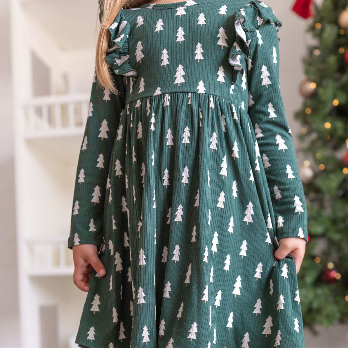 Christmas Trees Small Ribbed Ruffle Long Sleeve Dress