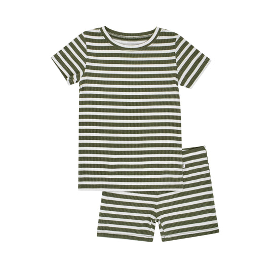 Pine Green Big Stripe Small Ribbed Shorts Two-Piece Set