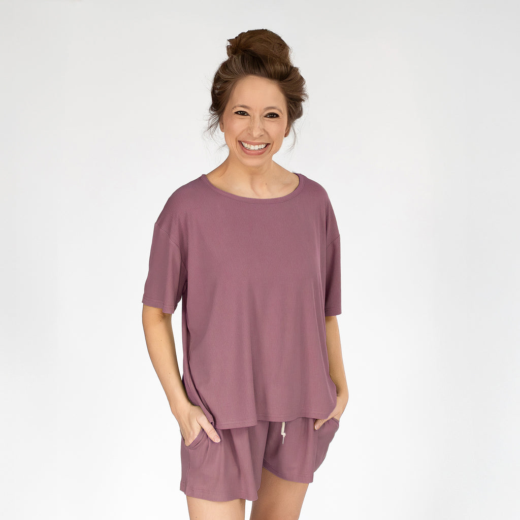 Plum Small Ribbed Women's Short Sleeve Top