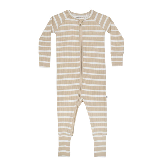 Tan Wide Stripe Small Ribbed Zip Romper