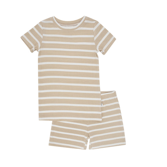 Tan Wide Stripe Small Ribbed Shorts Two-Piece Set