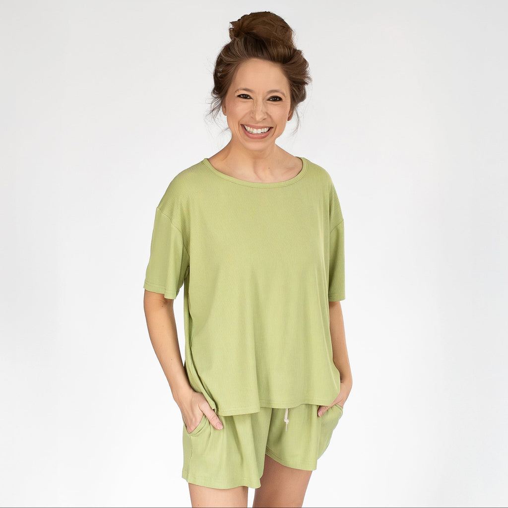 Tarragon Green Small Ribbed Women's Short Sleeve Top