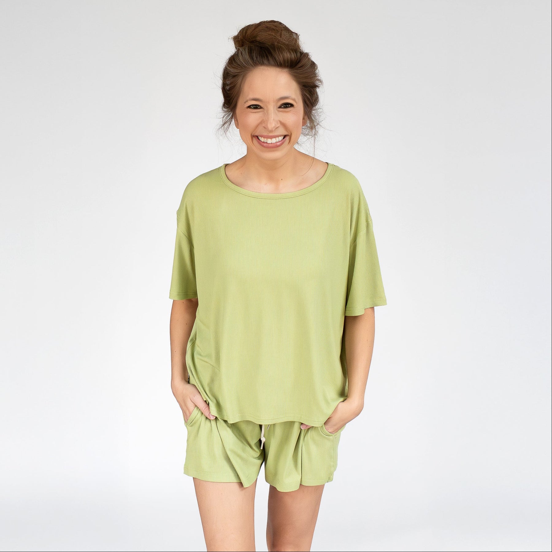 Tarragon Green Small Ribbed Women's Shorts Set