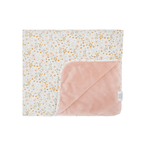 Baby blanket with floral pattern on one side and pink hood on the other, on a white background.