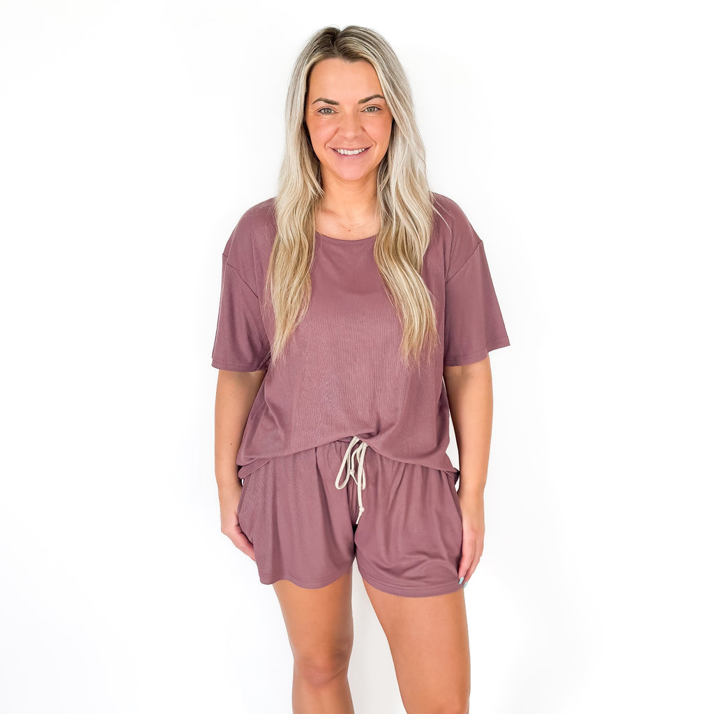 Plum Small Ribbed Women's Shorts Set