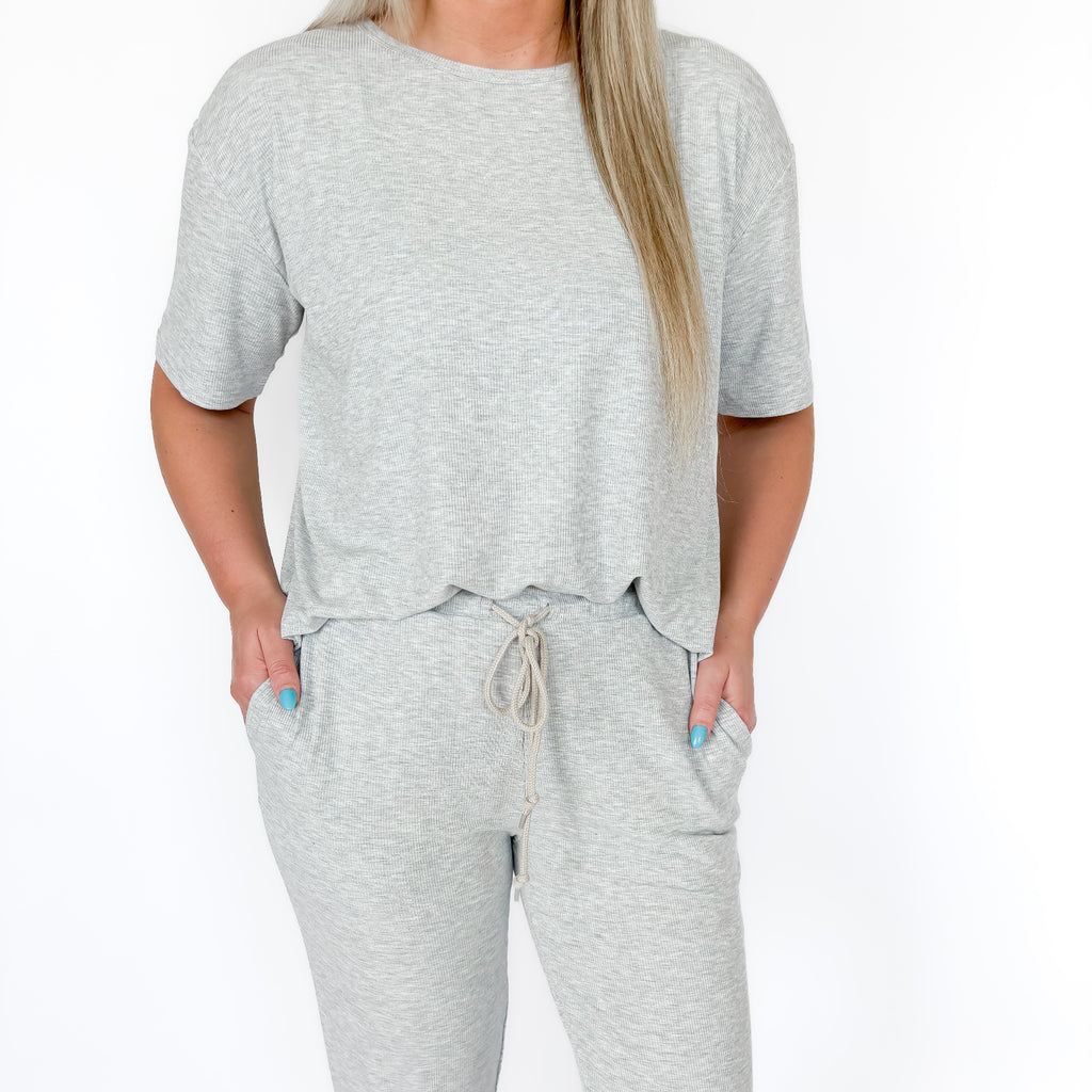 Heather Gray Small Ribbed Women's Short Sleeve & Pants Matching Set