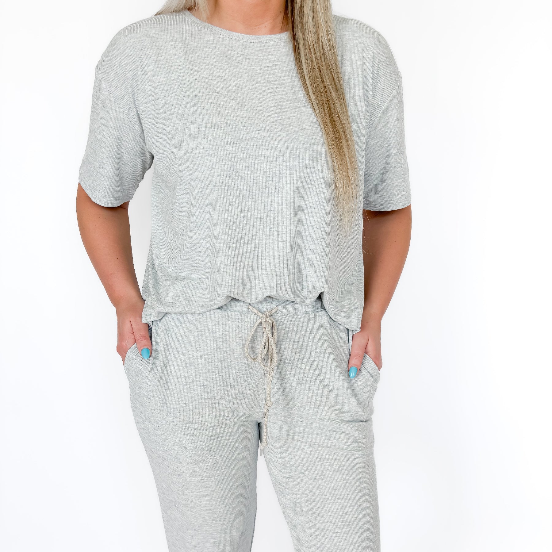 Heather Gray Small Ribbed Women's Short Sleeve & Pants Matching Set