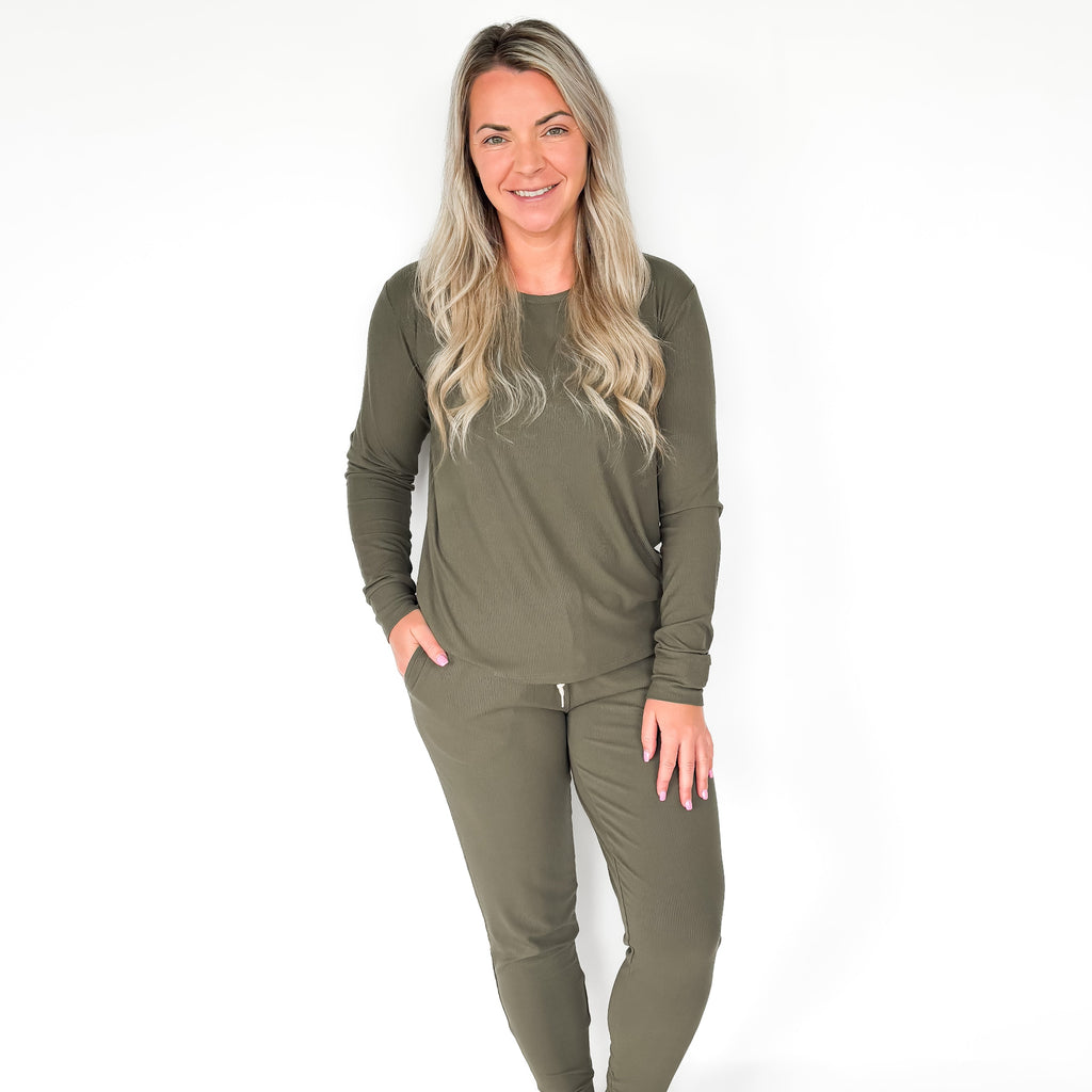 Olive Small Ribbed Women's Matching Set