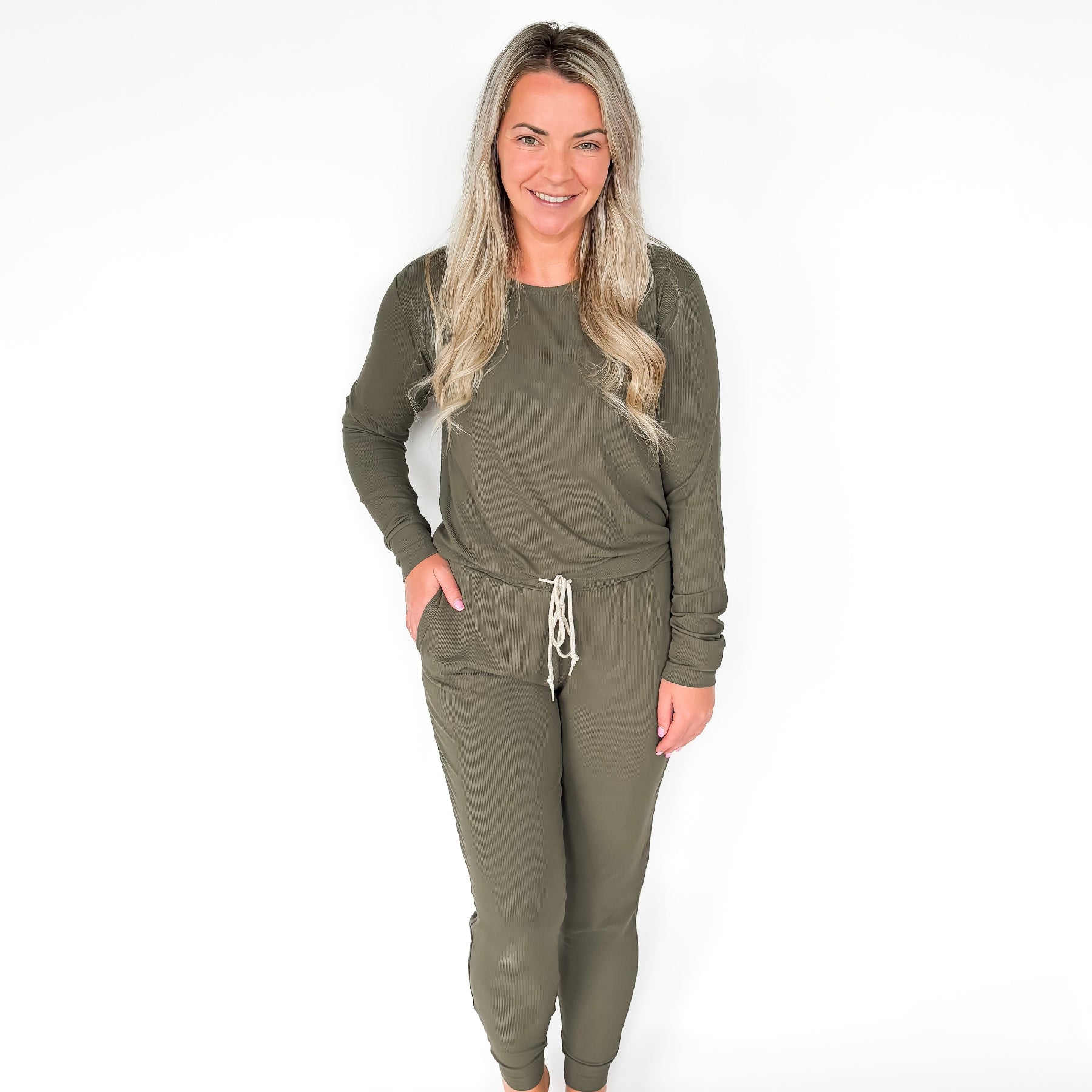 Olive Small Ribbed Women's Matching Set