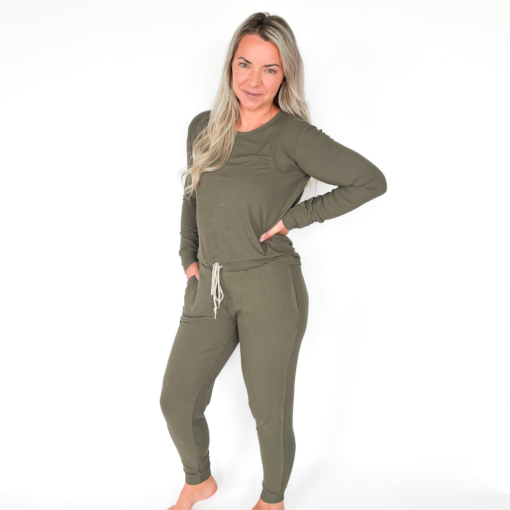 Olive Small Ribbed Women's Matching Set