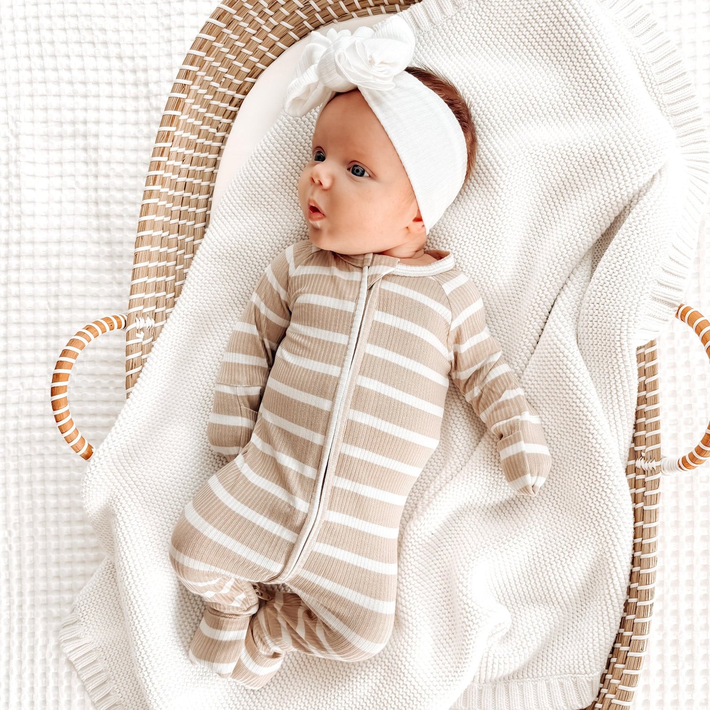 Tan Wide Stripe Small Ribbed Zip Romper