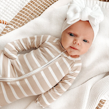 Tan Wide Stripe Small Ribbed Zip Romper