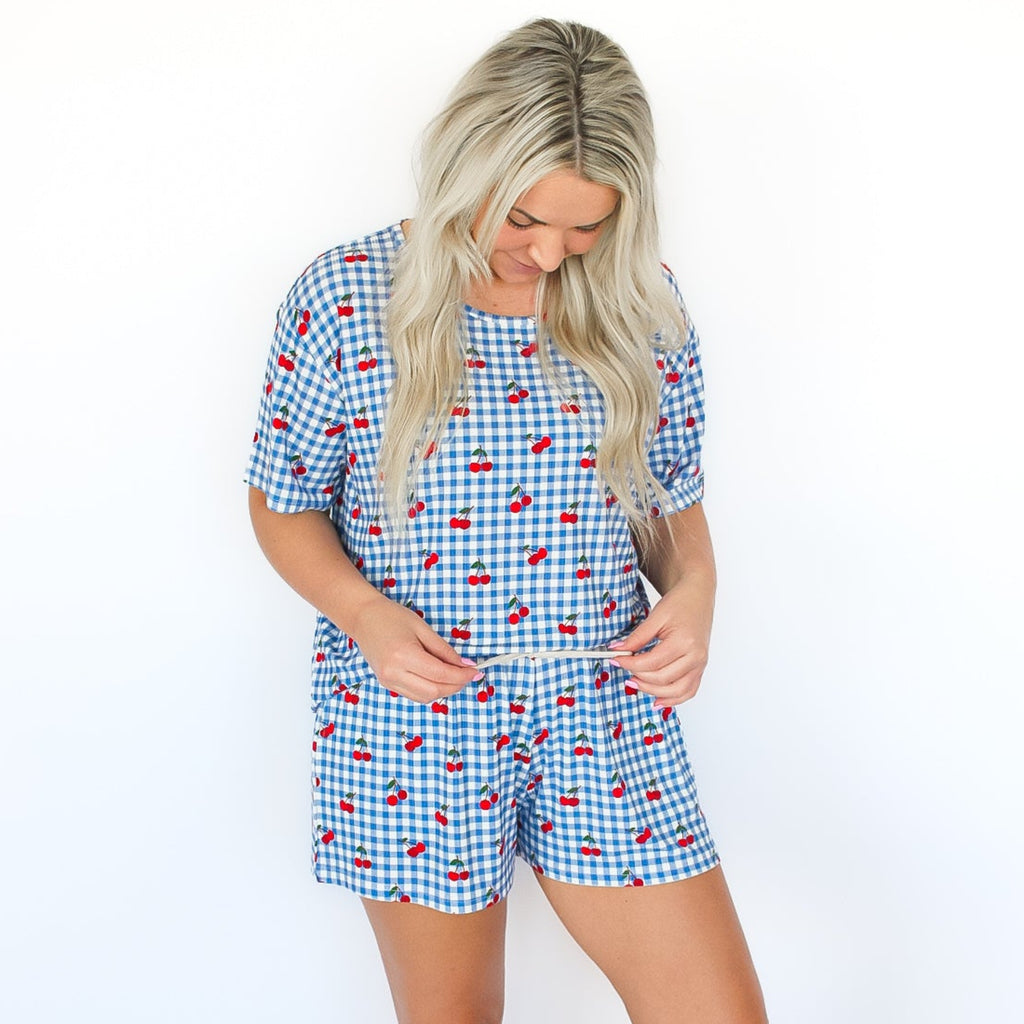 Vintage Cherries Small Ribbed Women's Short Sleeve Top