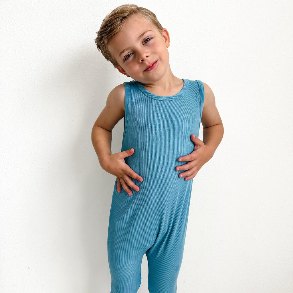 Poolside Blue Small Ribbed Harem Romper