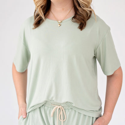 Dusty Sage Small Ribbed Women's Short Sleeve Top