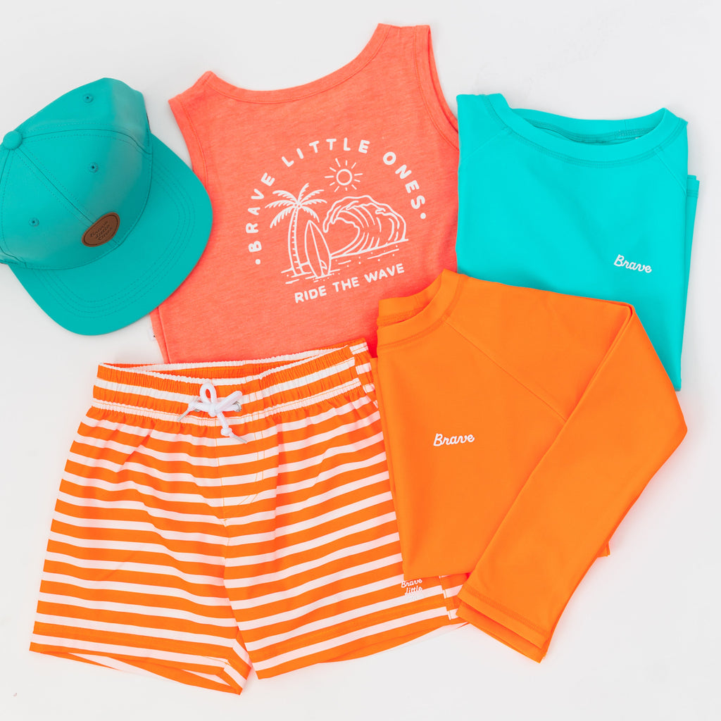 Neon Orange Stripe Swim Trunks