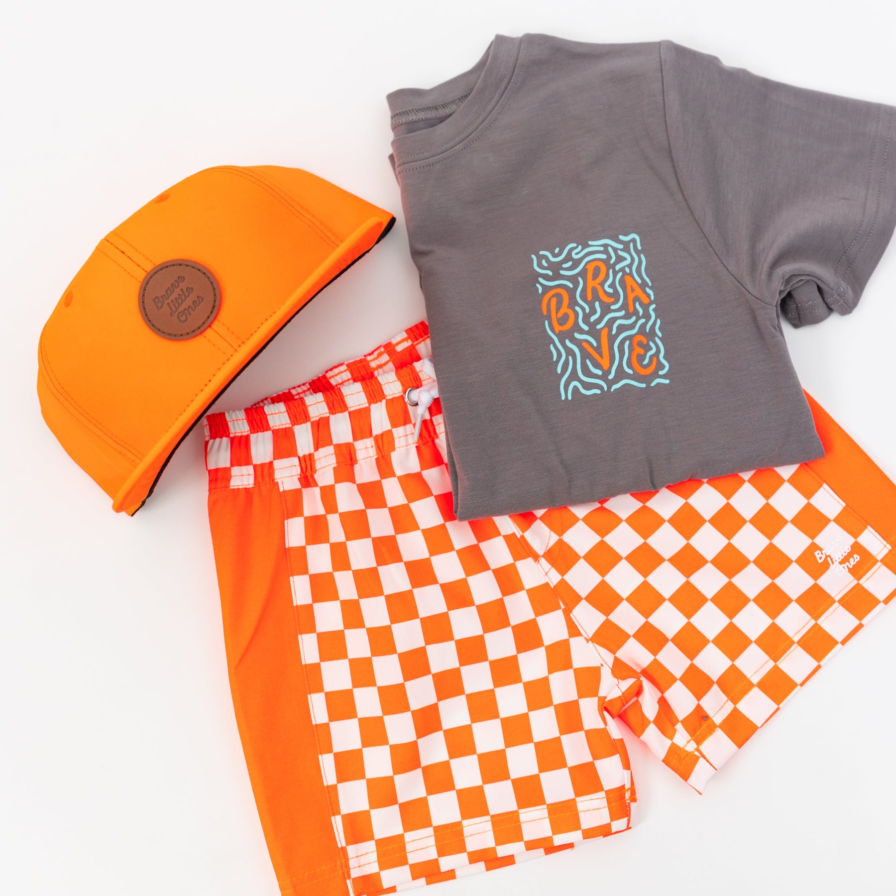 Neon Orange Checkered Swim Trunks