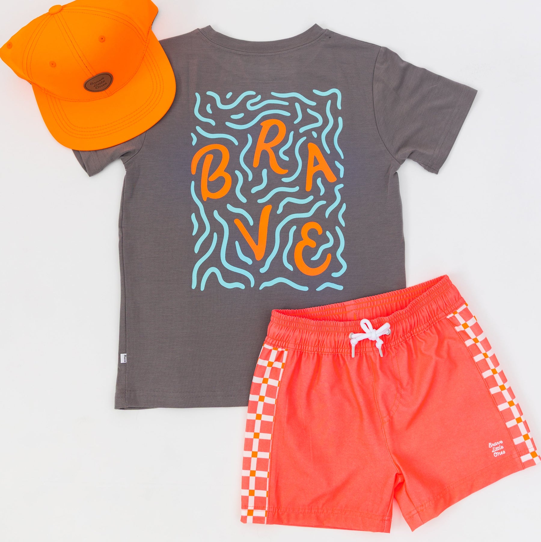 Neon Coral With Squares Swim Trunks