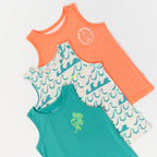 Three children's tank tops in orange, turquoise, and white with wave pattern on a white background