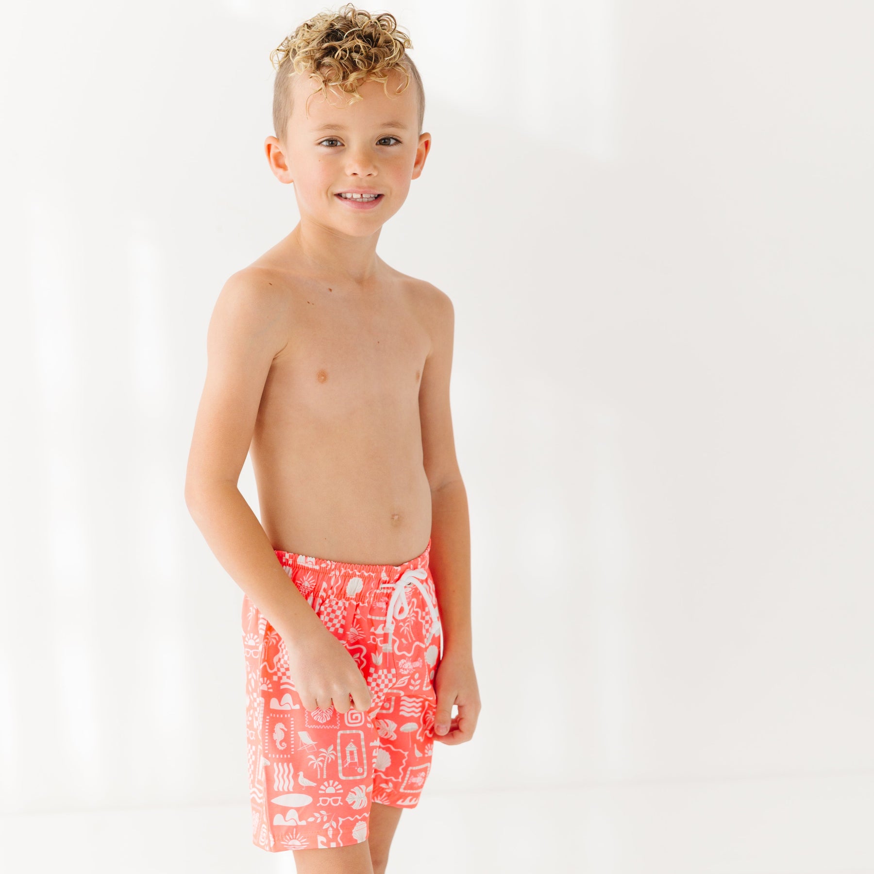 Neon Coral Summer Block Swim Trunks