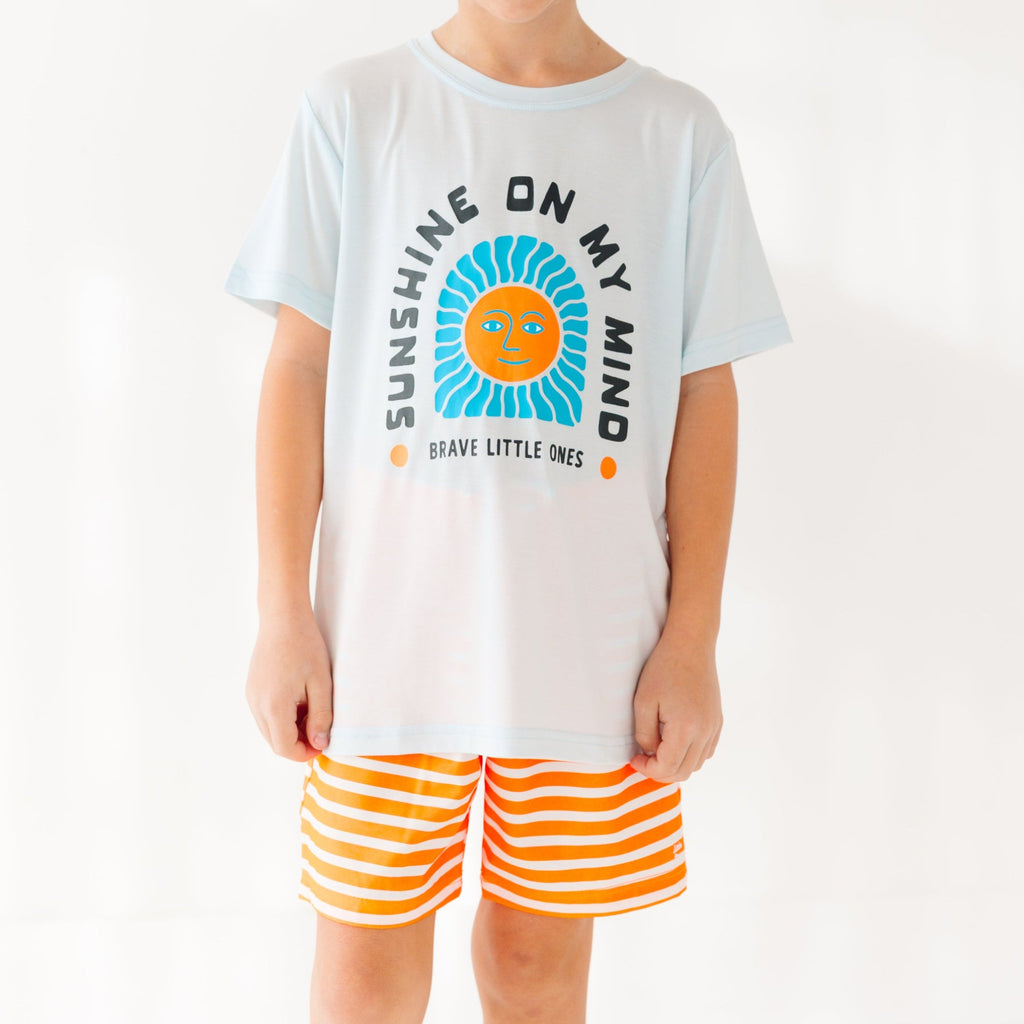 Neon Orange Stripe Swim Trunks