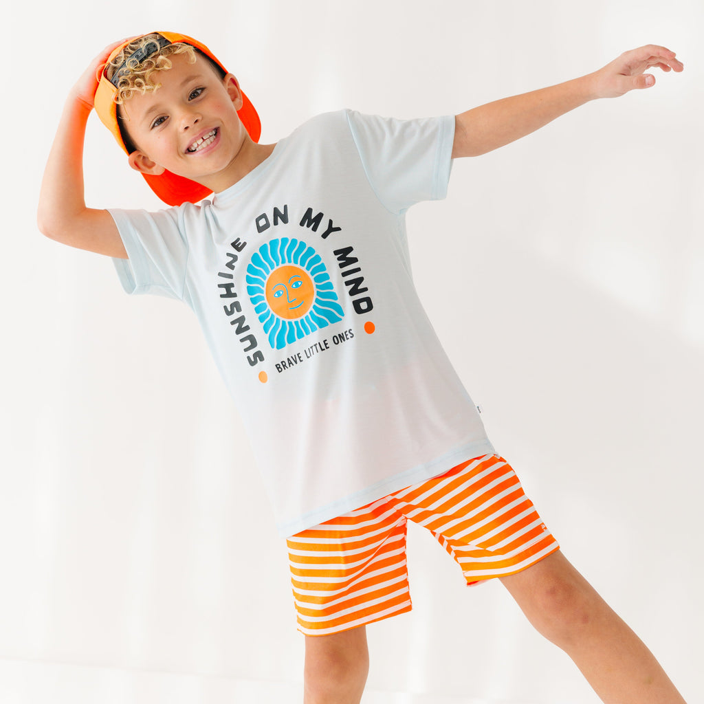 Neon Orange Stripe Swim Trunks