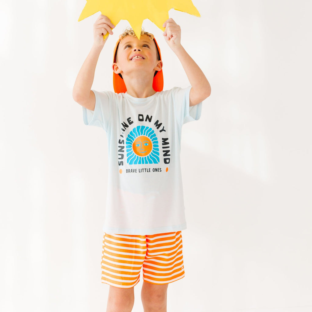 Neon Orange Stripe Swim Trunks