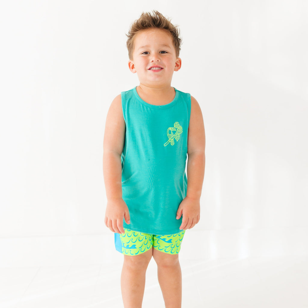 Neon Green Waves Swim Trunks