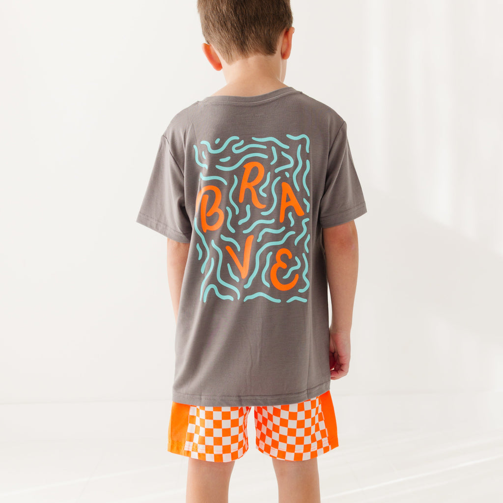 Neon Orange Checkered Swim Trunks
