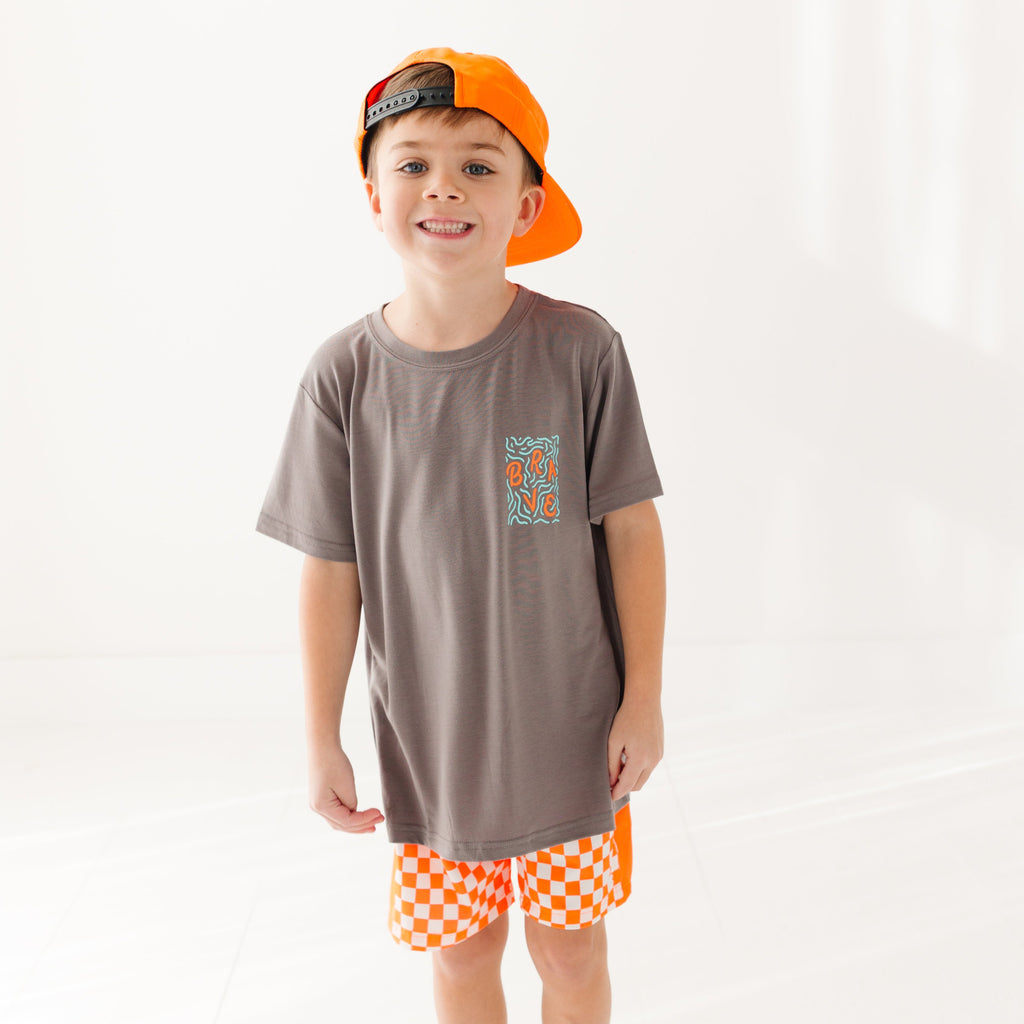 Neon Orange Checkered Swim Trunks