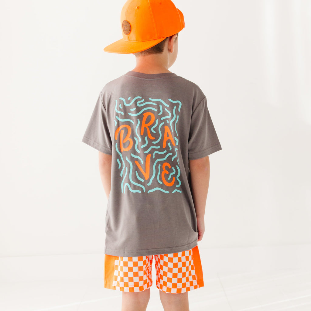 Neon Orange Checkered Swim Trunks