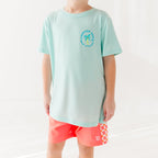 Neon Coral With Squares Swim Trunks