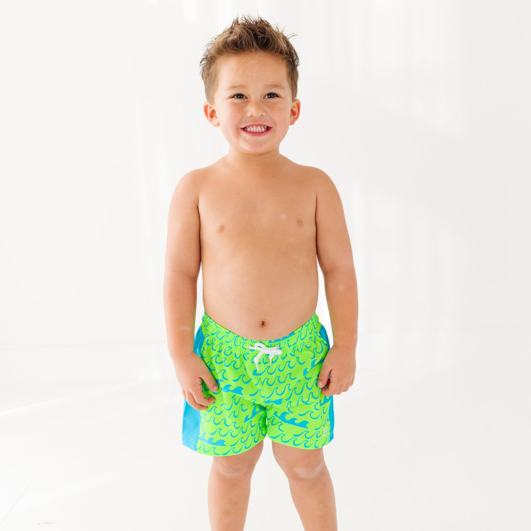 Neon Green Waves Swim Trunks