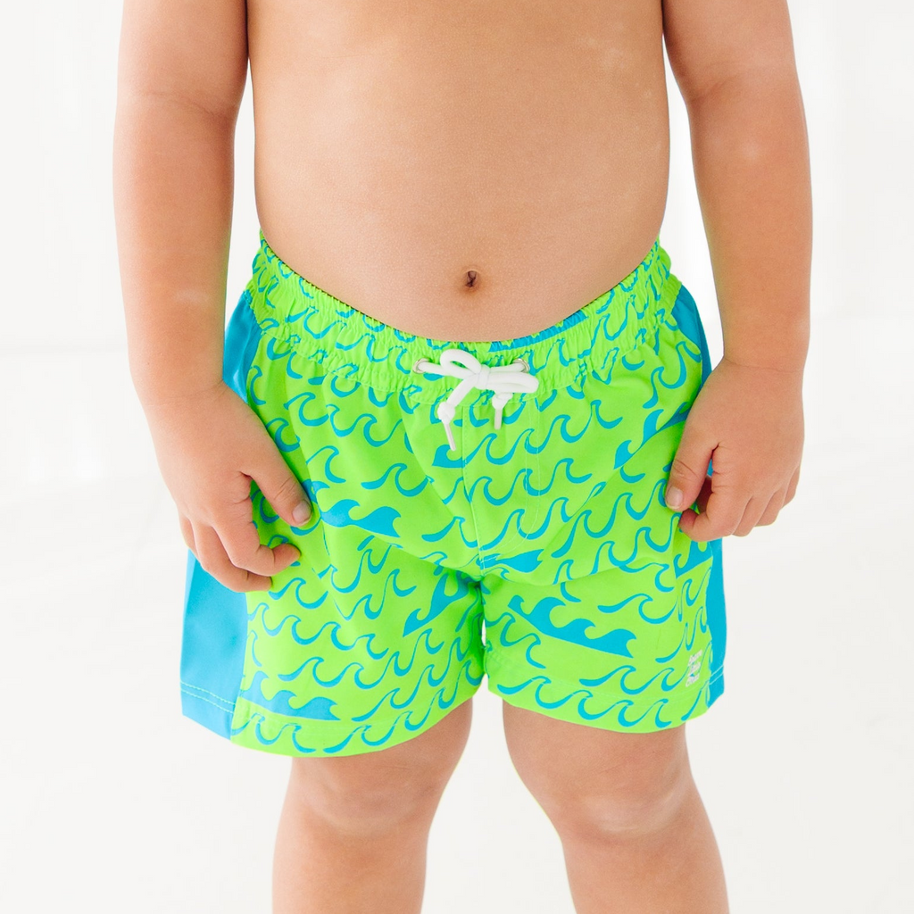 Neon Green Waves Swim Trunks