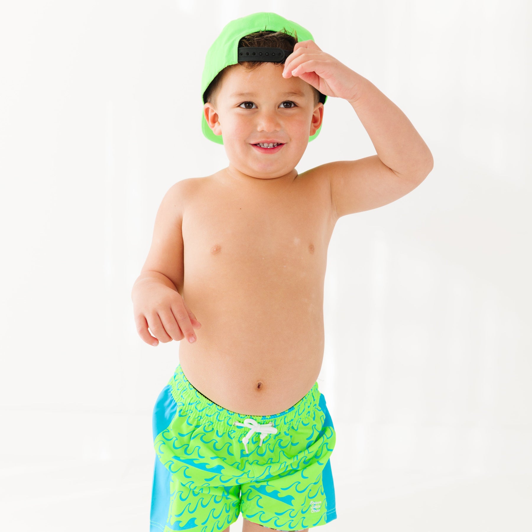 Neon Green Waves Swim Trunks
