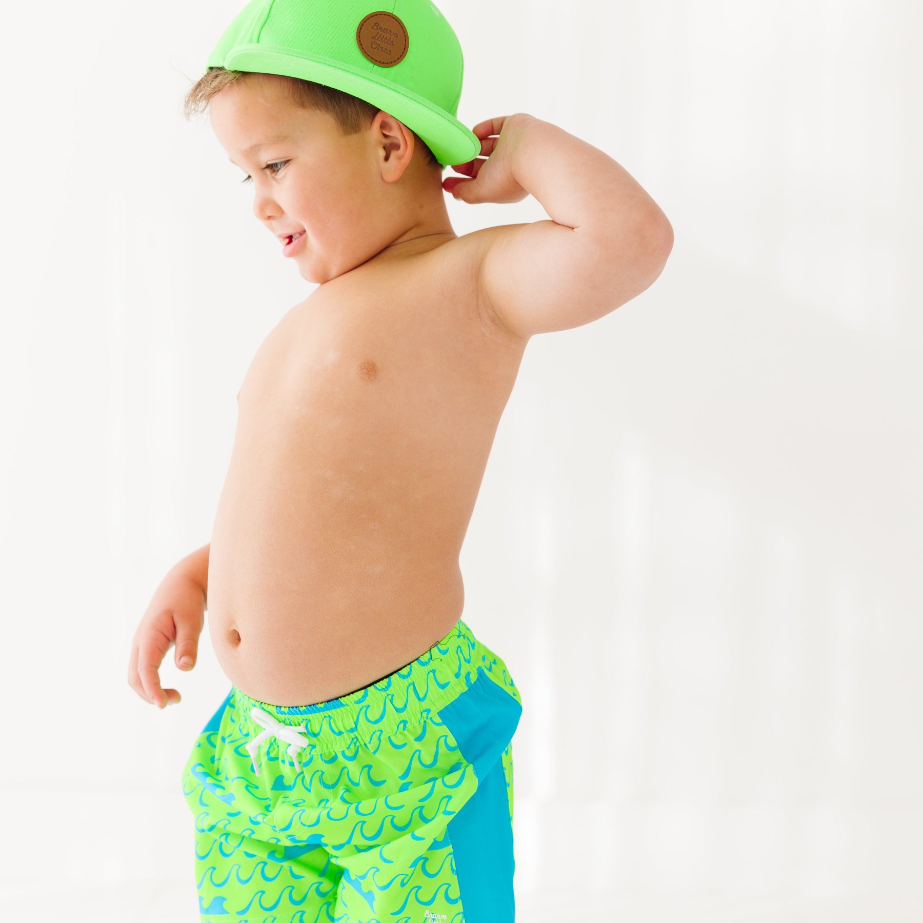 Neon Green Waves Swim Trunks