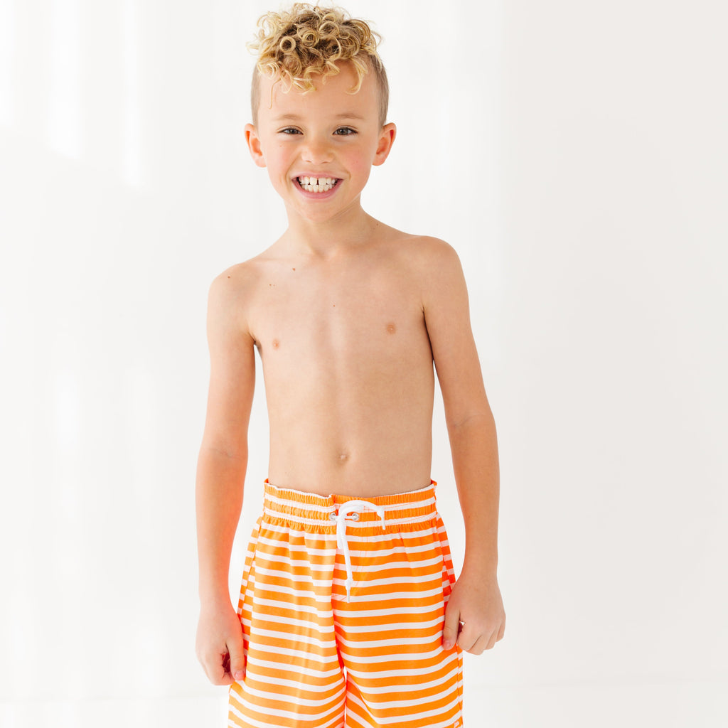 Neon Orange Stripe Swim Trunks