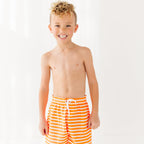 Neon Orange Stripe Swim Trunks