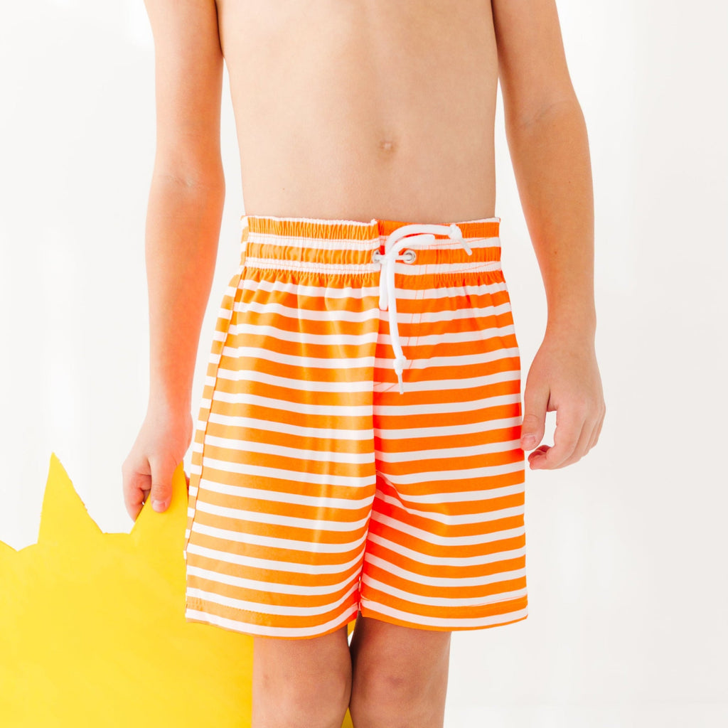Neon Orange Stripe Swim Trunks