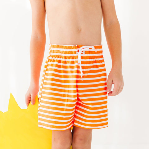 Neon Orange Stripe Swim Trunks
