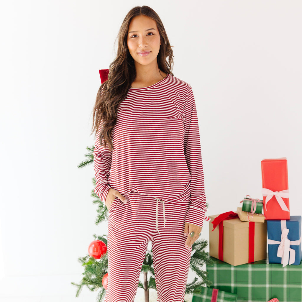 Red Stripe Small Ribbed Women's Long Sleeve Top