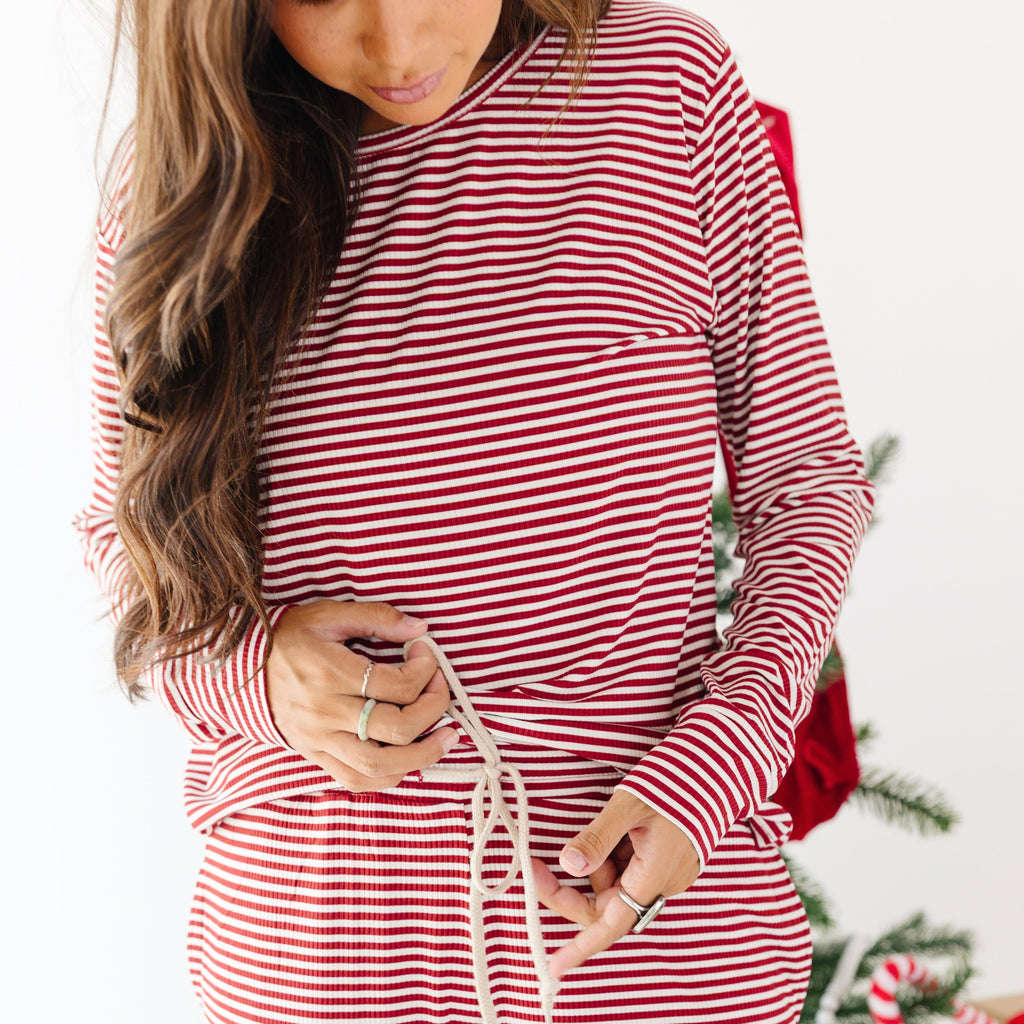 Red Stripe Small Ribbed Women's Long Sleeve Top