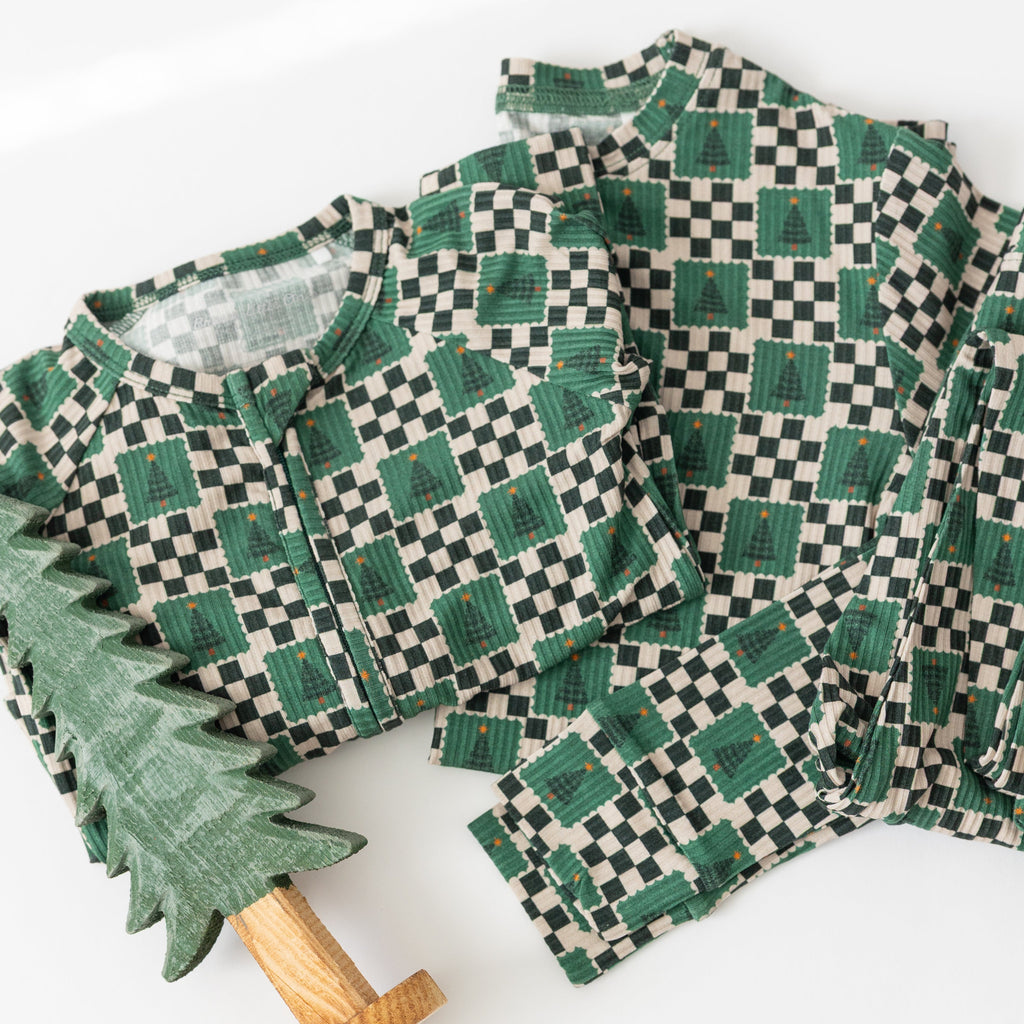 Checkered Christmas Trees Small Ribbed Zip Romper