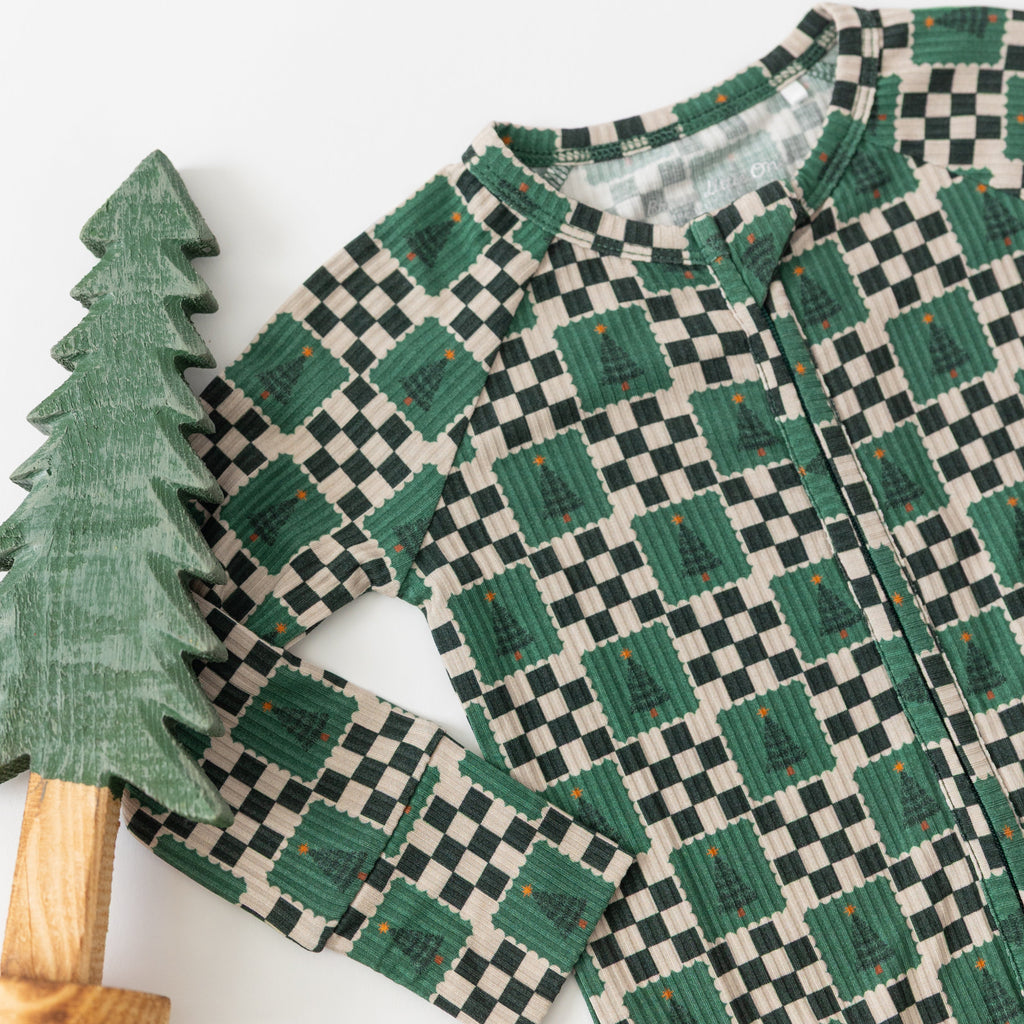 Checkered Christmas Trees Small Ribbed Zip Romper