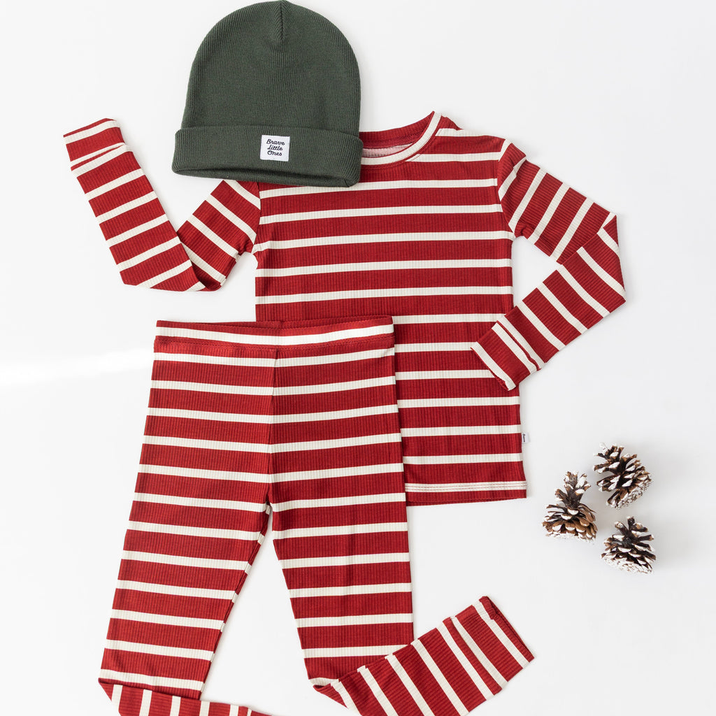 Red Wide Stripe Small Ribbed Two-Piece Set