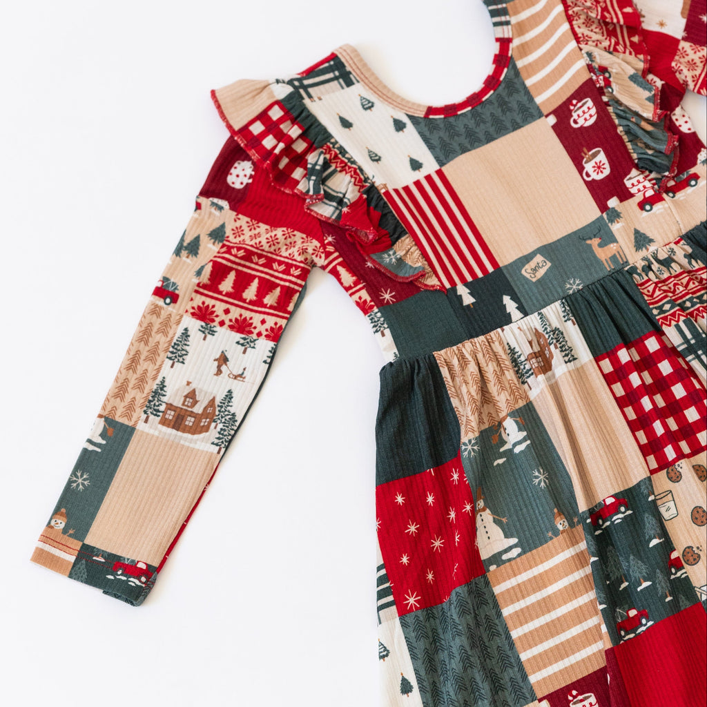Patchwork Small Ribbed Ruffle Long Sleeve Dress