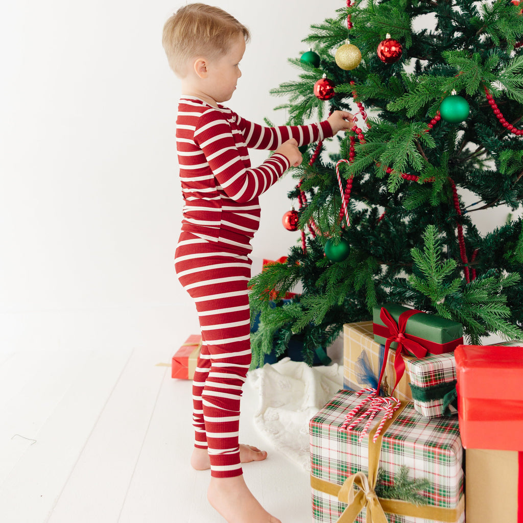 Red Wide Stripe Small Ribbed Two-Piece Set