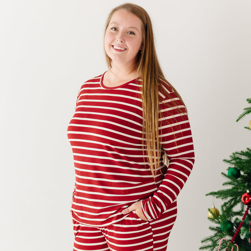Red Wide Stripe Small Ribbed Women's Long Sleeve Top